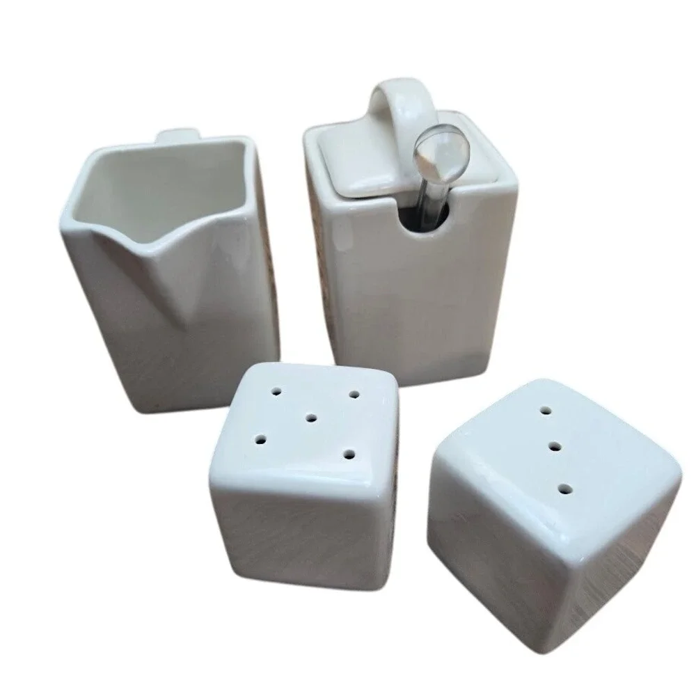 10 Strawberry Street 4pc White Ceramic Creamer Sugar Salt Pepper Set